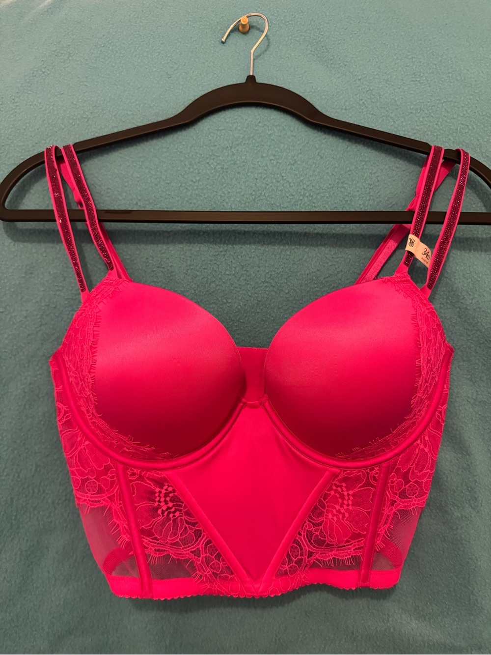 Victoria's Secret Hot Pink Longline Lace Bustier push up bra